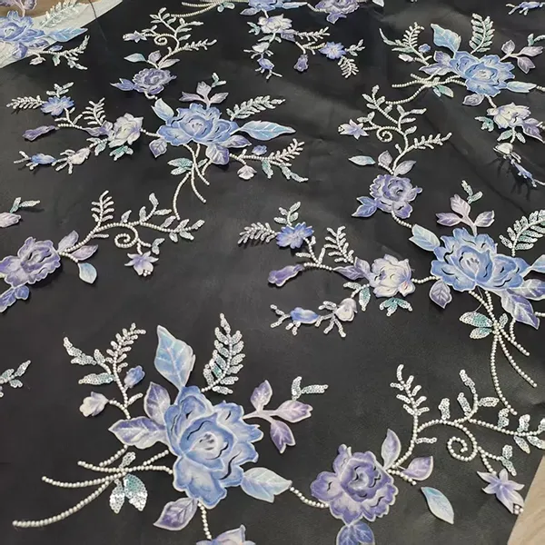 Manik-manik Applique Bunga Bordir 3D dan Kain Renda Bordir Payet