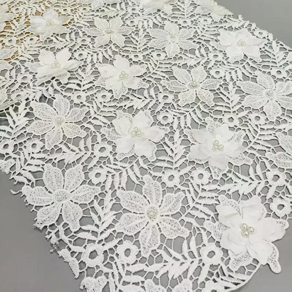 3D Floral Lace Fabric Pearls Water Soluable Cord Bordir Guipure Lace Fabric