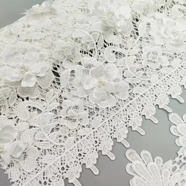 3d Floral Lace Guipure Fabric Pearls Water Soluable Cord Embroidery Guipure Lace Fabric