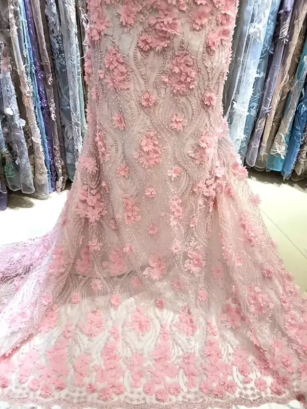 Custom Luxury Heavy Made Embroidery Tulle Beads Lace Mesh Beaded Fabric