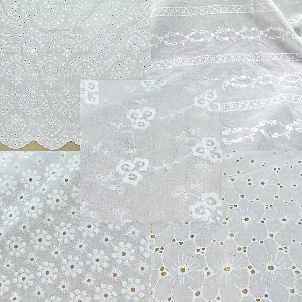 New Arrival 3d Flower Decorated 100 Cotton Embroidery Lace Fabric With Eyelet Holes For Women Shirt Clothing