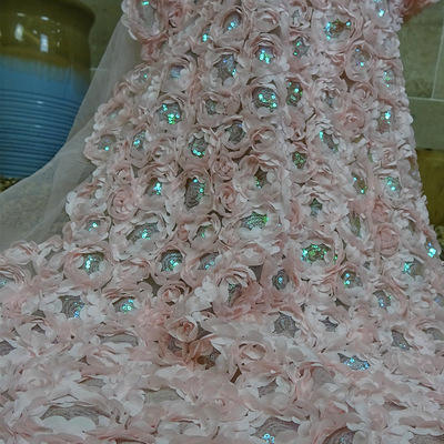 3D Rose Wedding Fabrice Bunga Karpet Lembut Gaun Pengantin Kain Renda Bulu Dengan Payet