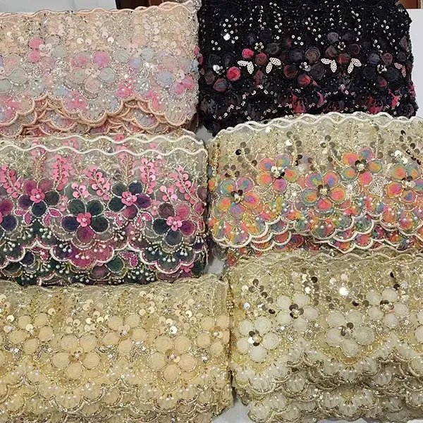 Renda Bordir Multiwarna dengan Renda Bordir Kode Batang Tabung Manik-manik Pita Bunga Jaring 3D