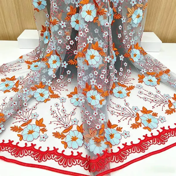 Kain Renda Jala Bordir Multiwarna Vintage untuk Gaun