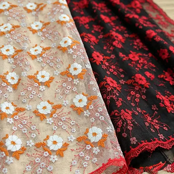 Kain Renda Jala Bordir Multiwarna Vintage untuk Gaun